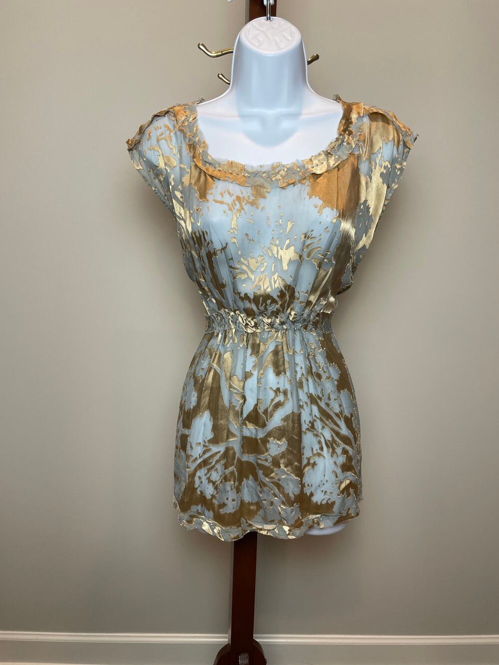 Project Alabama Silk Blend Tunic Blouse Size 6 Light Blue Gold Floral Abstract - Picture 1 of 6